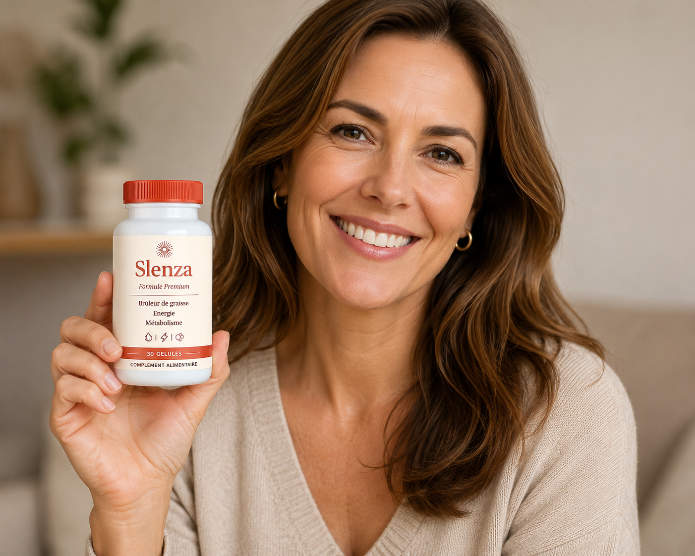Woman holding Slenza gummies